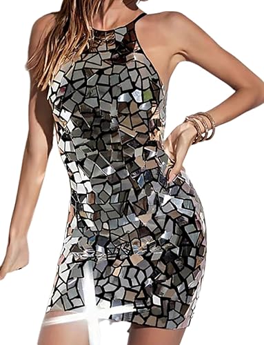 Sparkly Silver Tight Halter Mirror Look Short Party Dress